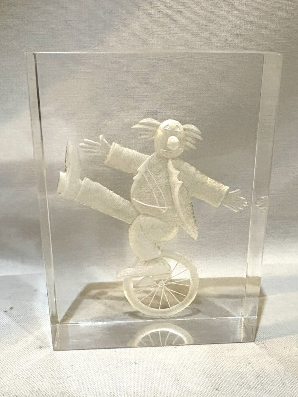 Lucite Acrylic Paperweight Desktop Decor Reverse Carved 3D Clown on Unicycle